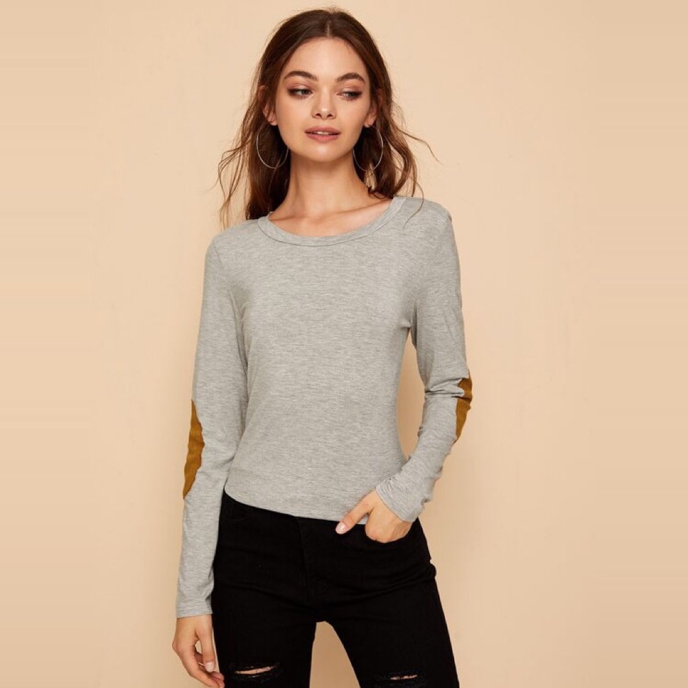 Sueded Elbow Patch Soft Drapey Long Sleeve Top - Picture 2 of 8